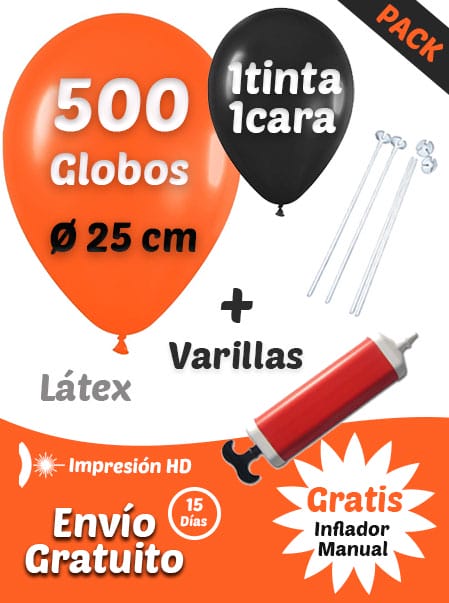 500 Globos Personalizados + 500 Varillas + Inflador Manual Gratis · Pack Básico