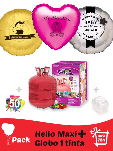 Pack Bautizo +: Globo Poliamida Personalizado 1 TINTA + Helio Maxi